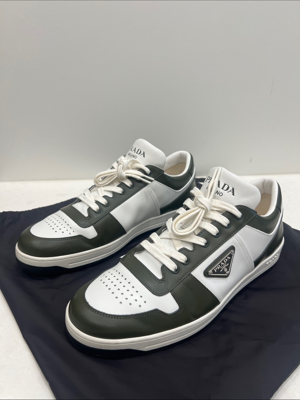 Prada Men’s White & Dark Green Leather Low-Top Sneakers